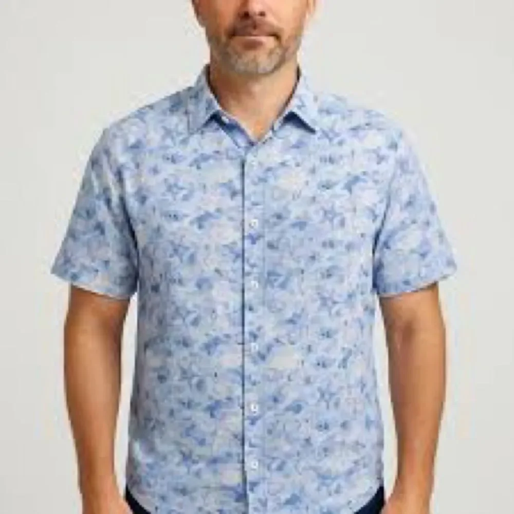 Bugatchi Shaped Fit Men's Linen Blue Sea Life Short Sleeve Shirt